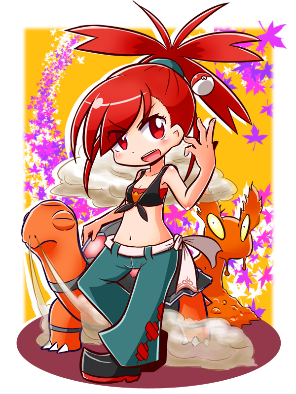1girl :d asuna_(pokemon) autumn_leaves bandeau bangs bare_arms bare_shoulders black_footwear blue_pants blush breasts cleavage closed_eyes commentary_request creatures_(company) crop_top eyebrows_visible_through_hair full_body game_freak gen_2_pokemon gen_3_pokemon gym_leader head_tilt leaf maple_leaf midriff naga_u navel nintendo open_mouth pants poke_ball poke_ball_(generic) pokemon pokemon_(creature) pokemon_(game) pokemon_oras red_bandeau red_eyes redhead shoes slugma small_breasts smile smoke standing standing_on_one_leg torkoal v-shaped_eyebrows yellow_eyes