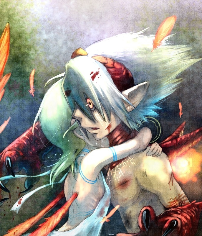 1boy 1girl armlet breasts breath_of_fire breath_of_fire_v commentary_request crying dress full_body_tattoo hug jewelry meitarou nina_(breath_of_fire_v) red_wings ryuu_(breath_of_fire_v) short_hair tattoo white_dress wings