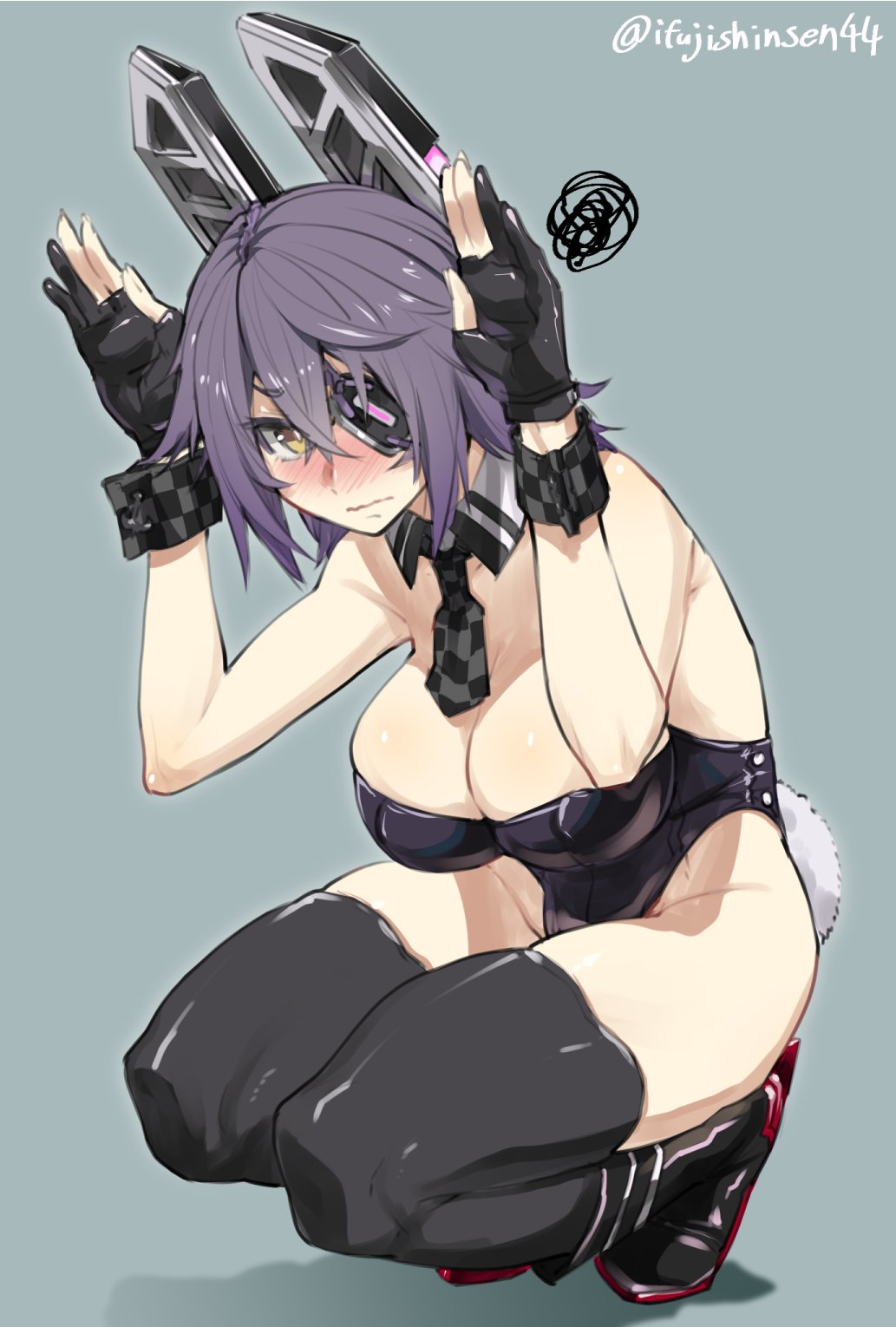 1girl arms_up bangs bare_shoulders black_legwear black_leotard blush breasts bunny_pose bunny_tail bunnysuit checkered checkered_neckwear cleavage closed_mouth commentary_request detached_collar embarrassed eyebrows_visible_through_hair eyepatch gloves hair_between_eyes headgear highres ifuji_shinsen kantai_collection large_breasts leotard looking_at_viewer necktie partly_fingerless_gloves purple_hair short_hair solo squatting strapless strapless_leotard tail tenryuu_(kantai_collection) thigh-highs wavy_mouth wrist_cuffs yellow_eyes