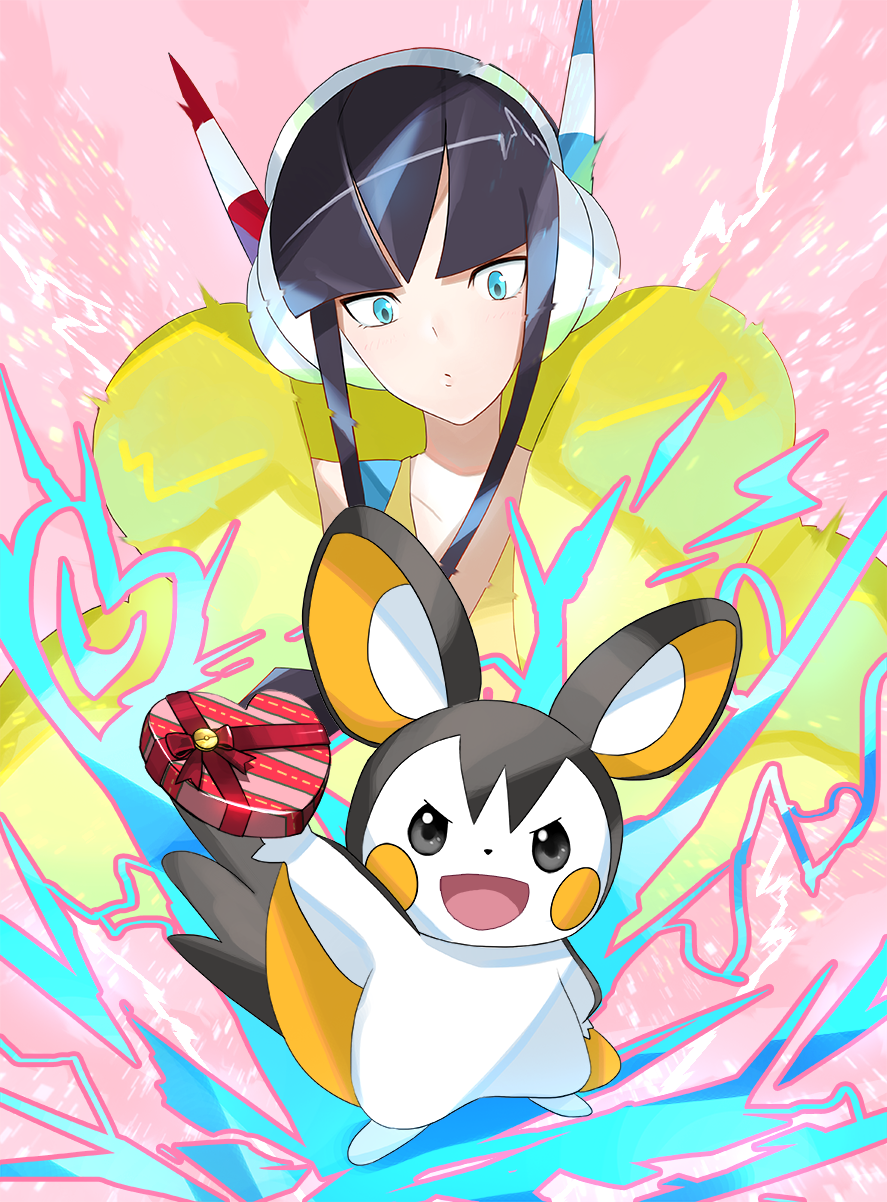 1girl bangs black_hair blue_eyes blunt_bangs box creatures_(company) electricity emolga game_freak gen_5_pokemon gym_leader headphones heart heart-shaped_box highres kamitsure_(pokemon) long_hair nintendo otsumami_(bu-bu-heaven) pink_background pokemon pokemon_(creature) pokemon_(game) pokemon_bw2