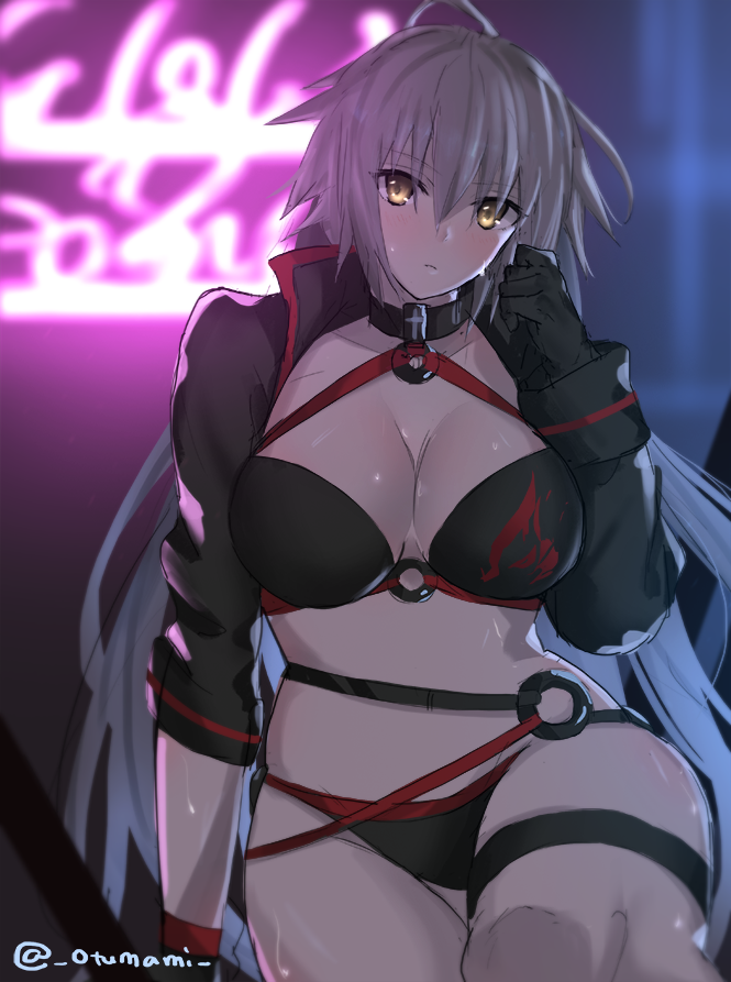 1girl ahoge asymmetrical_sleeves bangs bikini black_bikini black_choker black_gloves breasts choker cleavage closed_mouth eyebrows_visible_through_hair eyes_visible_through_hair fate/grand_order fate_(series) frown gloves hair_between_eyes halter_top halterneck hand_up jeanne_d'arc_(alter_swimsuit_berserker) jeanne_d'arc_(fate)_(all) large_breasts long_hair long_sleeves o-ring o-ring_top otsumami_(bu-bu-heaven) shrug_(clothing) silver_hair sleeves_past_elbows solo swimsuit thigh_strap twitter_username very_long_hair yellow_eyes