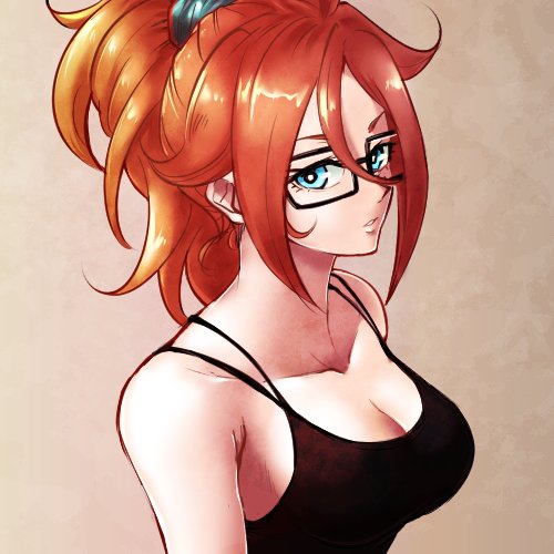 1girl alternate_costume alternate_hairstyle android android_21 arms_at_sides bare_arms bare_shoulders black-framed_eyewear black_tank_top blue_eyes breasts brown_hair cleavage collarbone commentary_request curly_hair dragon_ball dragon_ball_fighterz female glasses gradient gradient_background grey_background hair_between_eyes hair_ornament hair_up high_ponytail large_breasts long_hair looking_at_viewer lowres neck parted_lips ponytail portrait scrunchie shiny shiny_hair simple_background solo st62svnexilf2p9 tank_top upper_body