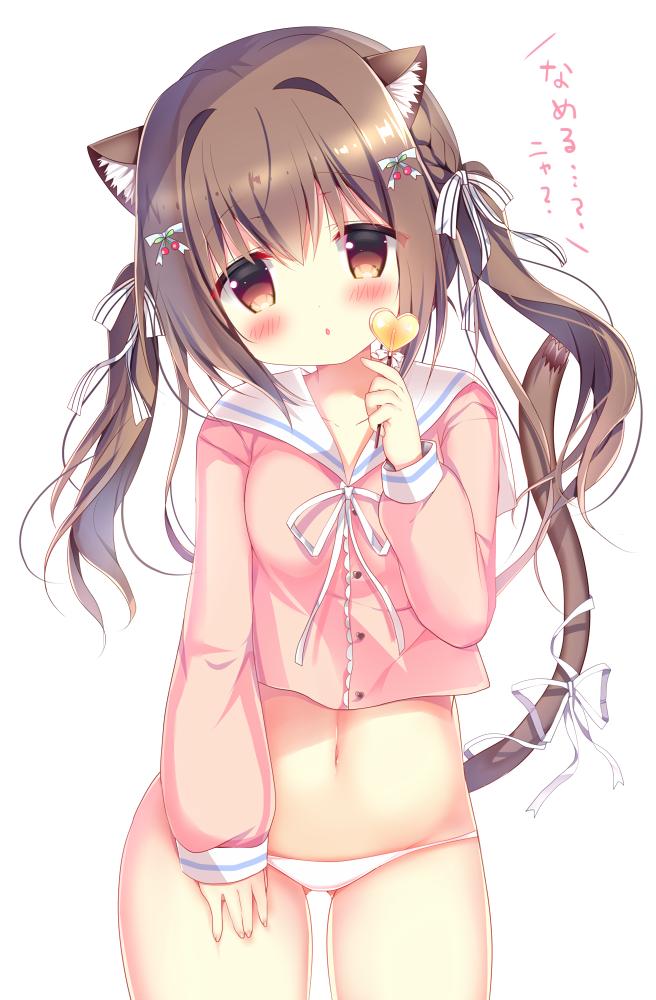 1girl animal_ear_fluff animal_ears azumi_kazuki bangs blush bow breasts brown_eyes brown_hair candy cat_ears cat_girl cat_tail chestnut_mouth collarbone commentary_request dress_shirt eyebrows_visible_through_hair fingernails food gluteal_fold hair_between_eyes hair_bow head_tilt heart heart_lollipop holding holding_food holding_lollipop lollipop long_hair long_sleeves lowleg lowleg_panties navel neck_ribbon no_pants original panties parted_lips pink_shirt puffy_long_sleeves puffy_sleeves ribbon sailor_collar school_uniform serafuku shirt simple_background sleeves_past_wrists small_breasts solo striped striped_bow tail tail_raised translation_request twintails underwear white_background white_bow white_panties white_ribbon white_sailor_collar