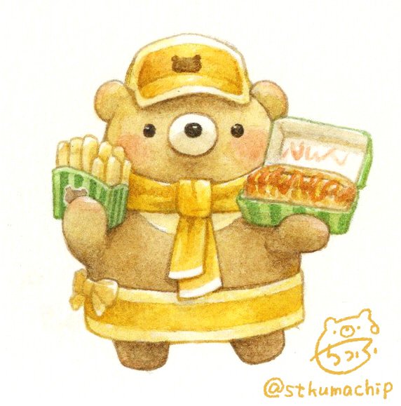 artist_name bear black_eyes blush food french_fries hat holding holding_food hot_dog ketchup looking_at_viewer no_humans original signature simple_background st.kuma standing twitter_username white_background yellow_hat