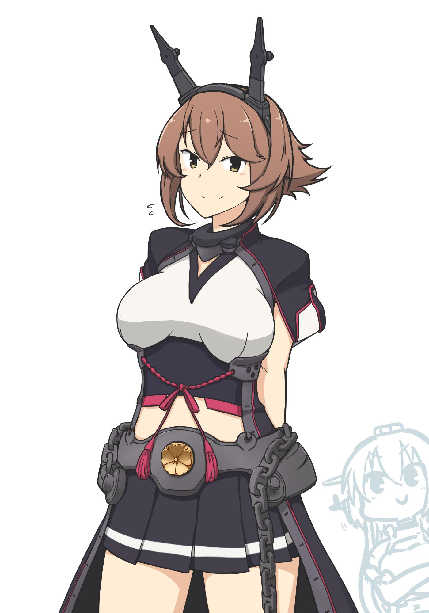 2girls arms_behind_back black_skirt breasts brown_hair capelet chains commentary_request contrapposto cowboy_shot crest green_eyes hairband hamu_koutarou headgear highres kantai_collection large_breasts midriff miniskirt multiple_girls mutsu_(kantai_collection) nagato_(kantai_collection) radio_antenna remodel_(kantai_collection) short_hair simple_background skirt solo_focus white_background