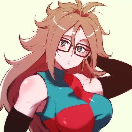1girl android_21 arm_up bare_shoulders black-framed_eyewear blue_eyes breasts brown_hair checkered checkered_dress commentary_request curly_hair detached_sleeves dragon_ball dragon_ball_fighterz dress earrings expressionless glasses hoop_earrings jewelry long_hair looking_at_viewer lowres medium_breasts portrait sleeveless sleeveless_dress solo st62svnexilf2p9 two-tone_dress very_long_hair