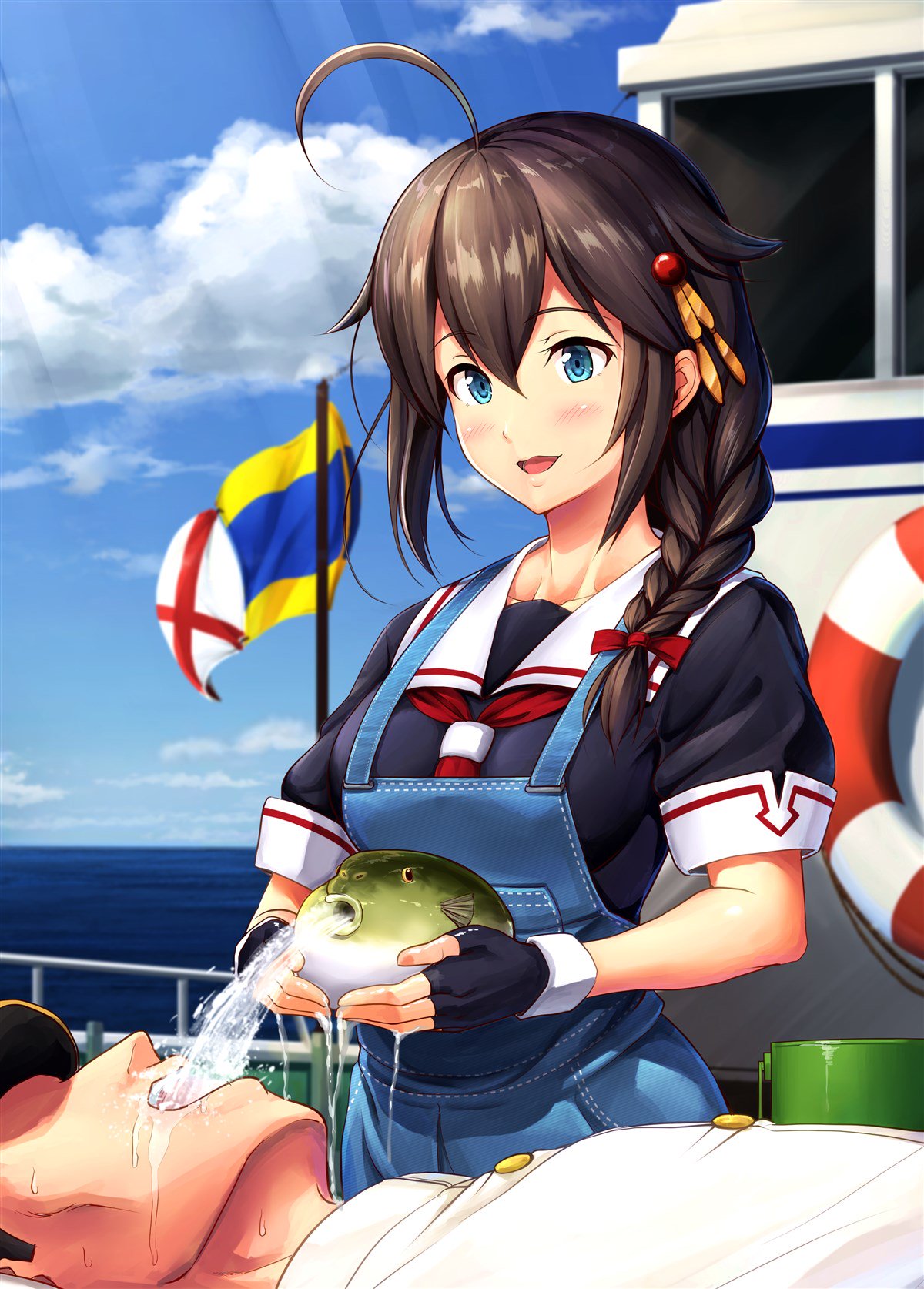 1boy 1girl admiral_(kantai_collection) ahoge animal bangs black_gloves black_serafuku blue_eyes blue_sky blush boat braid breasts brown_hair bucket clouds day drinking fingerless_gloves fish fish_spitting_water flag gloves hair_between_eyes hair_flaps hair_ornament hair_over_shoulder hair_ribbon hat highres holding holding_animal holding_fish ichikawa_feesu kantai_collection lifebuoy long_hair lying medium_breasts military military_uniform naval_uniform neckerchief on_back open_mouth outdoors overalls peaked_cap red_neckwear remodel_(kantai_collection) ribbon school_uniform serafuku shigure_(kantai_collection) sidelocks signal_flag single_braid sky sleeve_cuffs smile uniform water watercraft