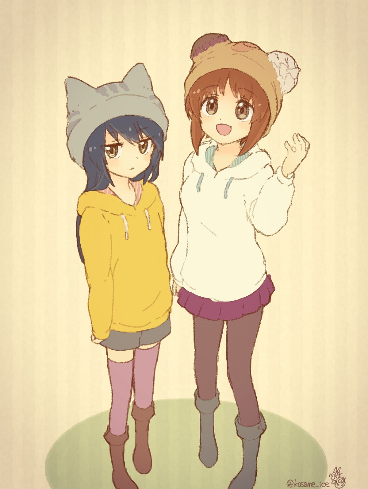 2girls animal_hat artist_logo bandage bandaid bangs beanie bear_hat beige black_footwear black_hair black_legwear boko_(girls_und_panzer) boots brown_eyes brown_hair brown_hat casual cat_hat closed_mouth commentary drawstring eyebrows_visible_through_hair frown gesture girls_und_panzer grey_footwear grey_hat grey_shorts hat highres hood hoodie kosame_koori long_hair long_sleeves looking_at_viewer miniskirt multiple_girls nishizumi_miho open_mouth pantyhose pleated_skirt purple_legwear purple_skirt reizei_mako shirt short_hair short_shorts shorts skirt smile standing striped striped_background thigh-highs twitter_username vertical-striped_background vertical_stripes white_shirt yellow_shirt