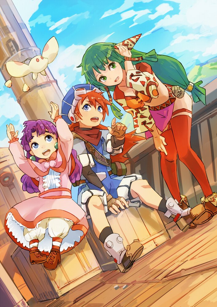 1boy 2girls blue_eyes boat breasts cleavage commentary_request dress earrings feena_(grandia) geetgeet grandia grandia_i green_eyes green_hair hair_ornament hair_tubes hat jewelry justin_(grandia) long_hair low-tied_long_hair midriff multiple_girls navel open_mouth purple_hair puui_(grandia) skirt smile sue_(grandia) thigh-highs watercraft wide_sleeves
