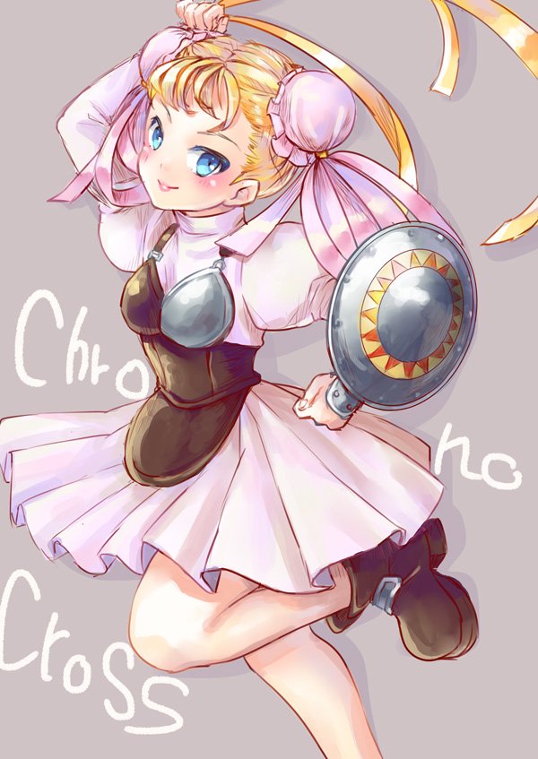 1girl blonde_hair blue_eyes breasts bun_cover child chrono_cross closed_mouth commentary_request double_bun dress gloves looking_at_viewer marcy_(chrono_cross) piggybank_(pixiv) shield short_hair simple_background skirt small_breasts smile solo