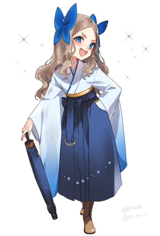 1girl asakaze_(kantai_collection) bangs blue_bow blue_eyes blue_hakama boots bow brown_footwear brown_hair cross-laced_footwear dated forehead full_body hair_bow hakama japanese_clothes kantai_collection koruri lace-up_boots light_brown_hair long_hair looking_at_viewer meiji_schoolgirl_uniform open_mouth oriental_umbrella parted_bangs planted planted_umbrella round_teeth sidelocks smile solo sparkle sparkle_background standing teeth twitter_username umbrella upper_teeth wavy_hair white_background