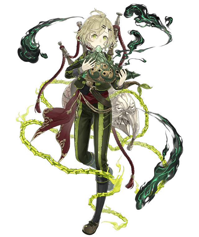 1boy ahoge asymmetrical_bangs bagpipes bangs chains cropped_jacket frown full_body green_eyes green_hair hair_ornament hairclip instrument instrument_on_back ji_no leaf looking_at_viewer music ocarina official_art pants pinocchio_(sinoalice) playing_instrument sash sinoalice smoke solo stitched_mouth stitches transparent_background