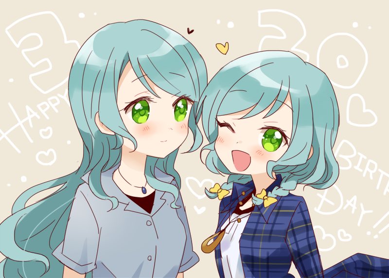 2girls ;d aqua_hair bang_dream! beige_background blue_shirt blush bow collared_shirt commentary_request dated green_eyes hair_bow happy_birthday heart hikawa_hina hikawa_sayo long_hair looking_at_another looking_at_viewer miyuara multiple_girls one_eye_closed open_mouth plaid plaid_shirt shirt short_hair short_sleeves siblings side_braids sisters smile twins upper_body violet_eyes white_shirt yellow_bow