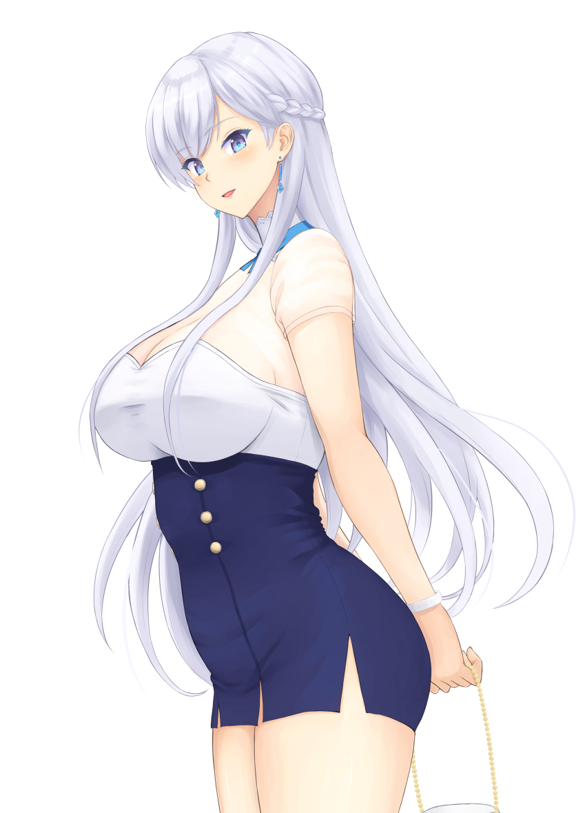 1girl arms_behind_back azur_lane bag bangs belfast_(azur_lane) blush braid breasts commentary_request earrings eyebrows_visible_through_hair floating_hair french_braid from_side holding holding_bag jewelry large_breasts lips long_hair looking_at_viewer looking_to_the_side open_mouth see-through short_sleeves side_braid sidelocks silver_hair simple_background solo standing thighs toyatokage very_long_hair violet_eyes white_background