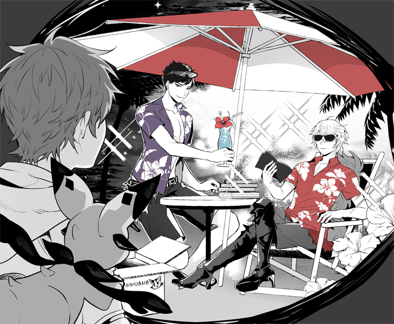 3boys beach beach_umbrella belial_(granblue_fantasy) black_hair book drink gran_(granblue_fantasy) granblue_fantasy high_heels irarima_gb legs_crossed lucilius_(granblue_fantasy) male_focus multiple_boys shirt sitting smile sunglasses tropical_drink umbrella vee_(granblue_fantasy) white_hair