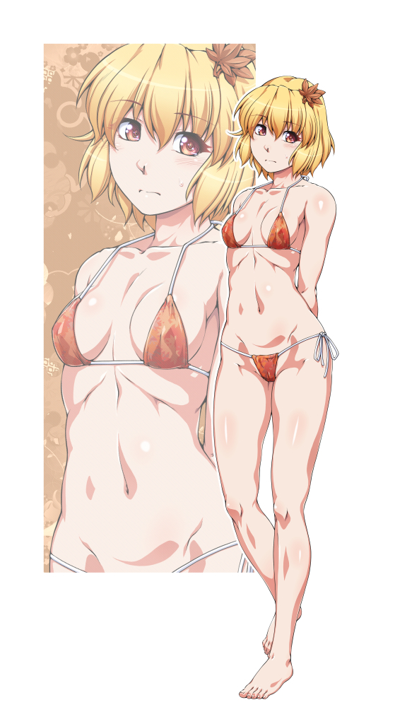 1girl aki_shizuha arms_behind_back bangs bare_legs bare_shoulders barefoot bikini blonde_hair breasts commentary_request eyebrows_visible_through_hair full_body groin hair_between_eyes hair_ornament halterneck leaf_hair_ornament leaf_print looking_at_viewer navel ootsuki_wataru red_bikini red_eyes short_hair side-tie_bikini simple_background small_breasts solo standing stomach swimsuit thighs touhou white_background zoom_layer