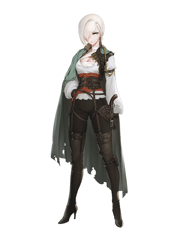 1girl adelaide_de_broglie_(seijo_senki) antique_firearm arm_at_side arm_belt bandage belt black_footwear black_gloves black_pants blue_eyes boots breasts brown_background brown_gloves brown_pants cape cleavage cloak earrings firearm firelock flintlock full_body gloves green_cape gun hair_over_one_eye hand_on_hip handgun high_heel_boots high_heels holster jewelry large_breasts leather leather_gloves leather_pants lips looking_at_viewer map medium_breasts o-ring official_art pants pistol quuni rope seijo_senki short_hair simple_background solo standing stud_earrings thigh-highs thigh_boots transparent_background weapon white_hair