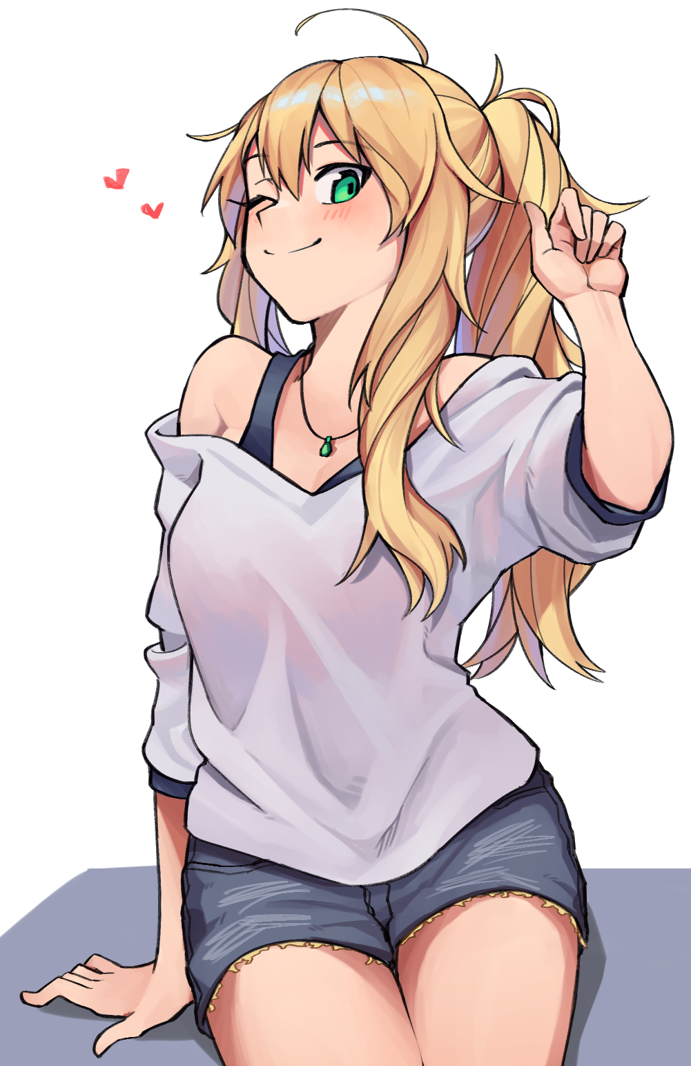 1girl ahoge bare_shoulders blonde_hair blue_shirt blush breasts commentary_request eyebrows_visible_through_hair green_eyes hair_between_eyes hand_on_ground highres hoshii_miki idolmaster idolmaster_million_live! jewelry long_hair looking_at_viewer necklace off_shoulder one_eye_closed ponytail roivas shirt shorts sitting sleeveless sleeveless_shirt smile solo sweater