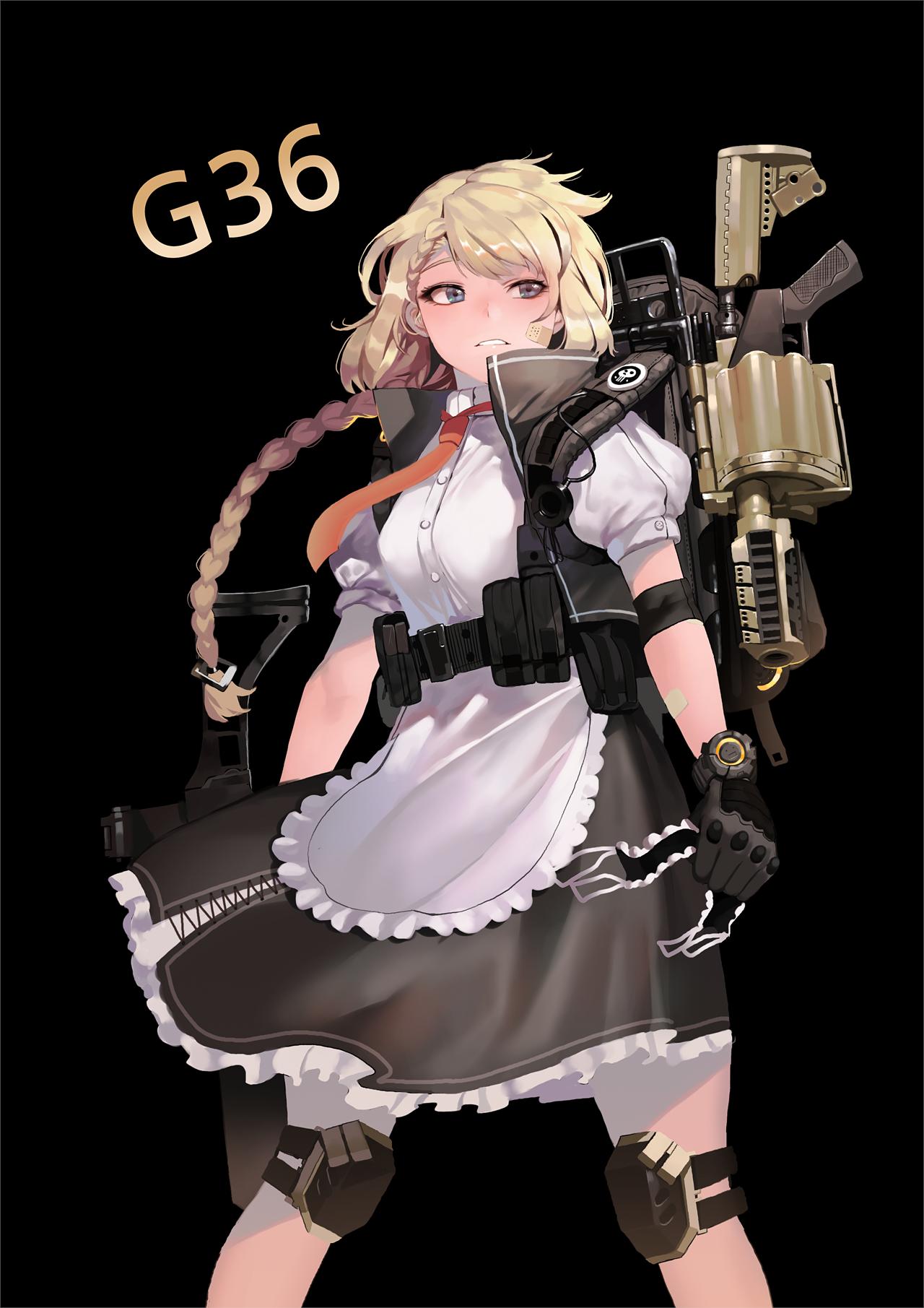1girl apron assault_rifle bandaid bandaid_on_face bangs black_background black_gloves blonde_hair blue_eyes blush braid breasts character_name cropped_vest dress eyebrows_visible_through_hair floating_hair g36_(girls_frontline) girls_frontline gloves grenade_launcher gun h&amp;k_g36 hair_between_eyes hair_ornament headwear_removed highres holding holding_gun holding_headdress holding_weapon ihobus load_bearing_equipment long_hair maid maid_apron maid_headdress medium_breasts parted_lips rifle sidelocks simple_background single_braid smile solo tom_clancy's_the_division very_long_hair watch weapon
