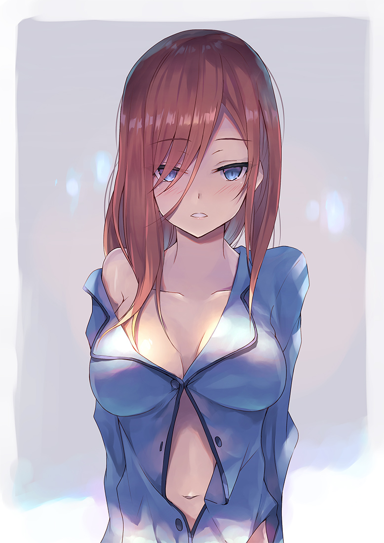 1girl blue_eyes blush breasts brown_hair collarbone go-toubun_no_hanayome hinot long_hair looking_at_viewer nakano_miku open_clothes open_mouth simple_background solo tagme