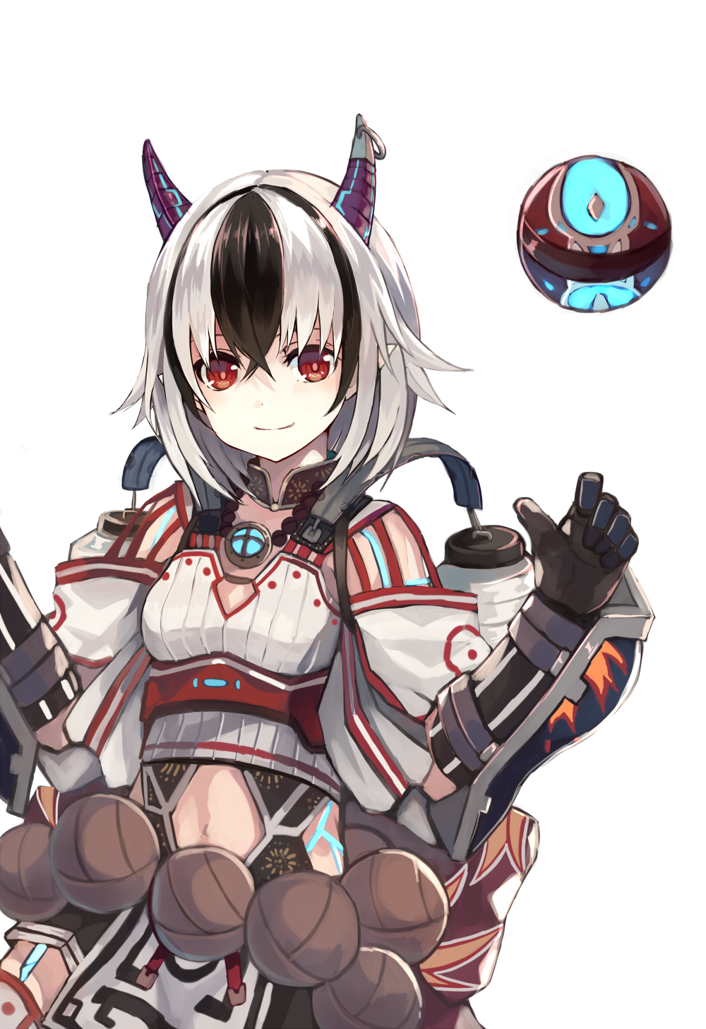 1girl bangs black_gloves black_hair breasts closed_mouth crossed_bangs elbow_gloves gloves hair_between_eyes hibana_(xenoblade_2) highres horns lantern medium_hair multicolored_hair natsuyuki navel nintendo pointy_ears red_eyes simple_background small_breasts smile solo two-tone_hair white_background white_hair xenoblade_(series) xenoblade_2