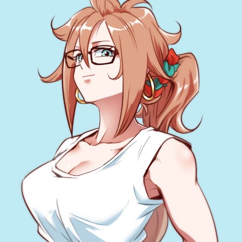 1girl alternate_hairstyle android_21 black-framed_eyewear blue_background blue_eyes breasts brown_hair cleavage closed_mouth collarbone commentary_request curly_hair dragon_ball dragon_ball_fighterz earrings flat_color glasses hair_ornament hair_up high_ponytail hoop_earrings jewelry long_hair looking_at_viewer lowres medium_breasts ponytail portrait scrunchie shirt smile solo st62svnexilf2p9 tank_top upper_body very_long_hair white_shirt