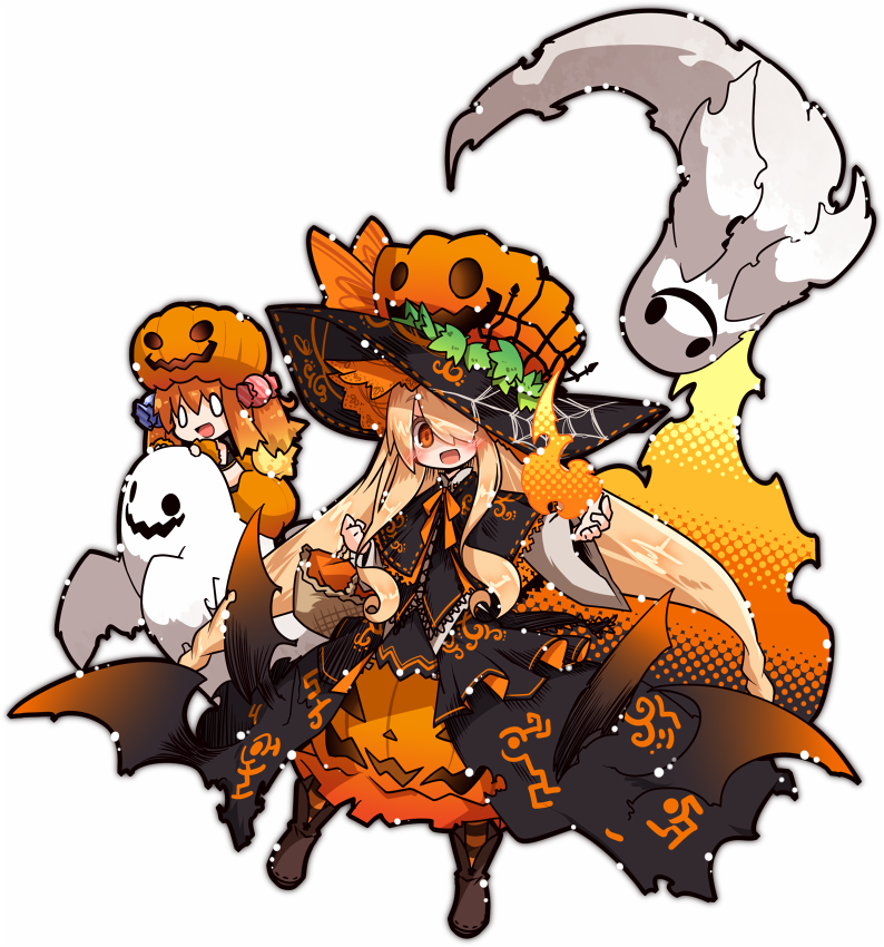 0_0 2girls :d bangs basket black_dress black_hat blush boots brown_footwear copyright_request dress eyebrows_visible_through_hair ghost hair_over_one_eye hat holding holding_basket jack-o'-lantern light_brown_hair long_hair mori_no_kaeru multiple_girls open_mouth orange_eyes orange_hair orange_skirt pantyhose pumpkin_hat pumpkin_skirt simple_background skirt smile striped striped_legwear very_long_hair white_background