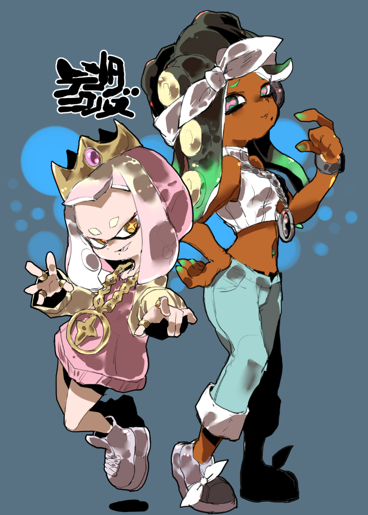 +_+ 2girls :d bandanna black_hair blonde_hair blue_pants crop_top crown dark_skin domino_mask furrowed_eyebrows gem gradient_hair green_eyes green_hair green_skin hime_(splatoon) horizontal_pupils iida_(splatoon) jamir jewelry long_sleeves looking_at_viewer mask medallion medium_hair mole mole_under_mouth multicolored multicolored_hair multicolored_skin multiple_girls navel_piercing octarian open_mouth pants piercing pink_hair pink_pupils ring shoes smile splatoon splatoon_(series) splatoon_2 splatoon_2:_octo_expansion suction_cups symbol-shaped_pupils tentacle_hair traditional_media two-tone_hair two-tone_skin white_footwear yellow_eyes