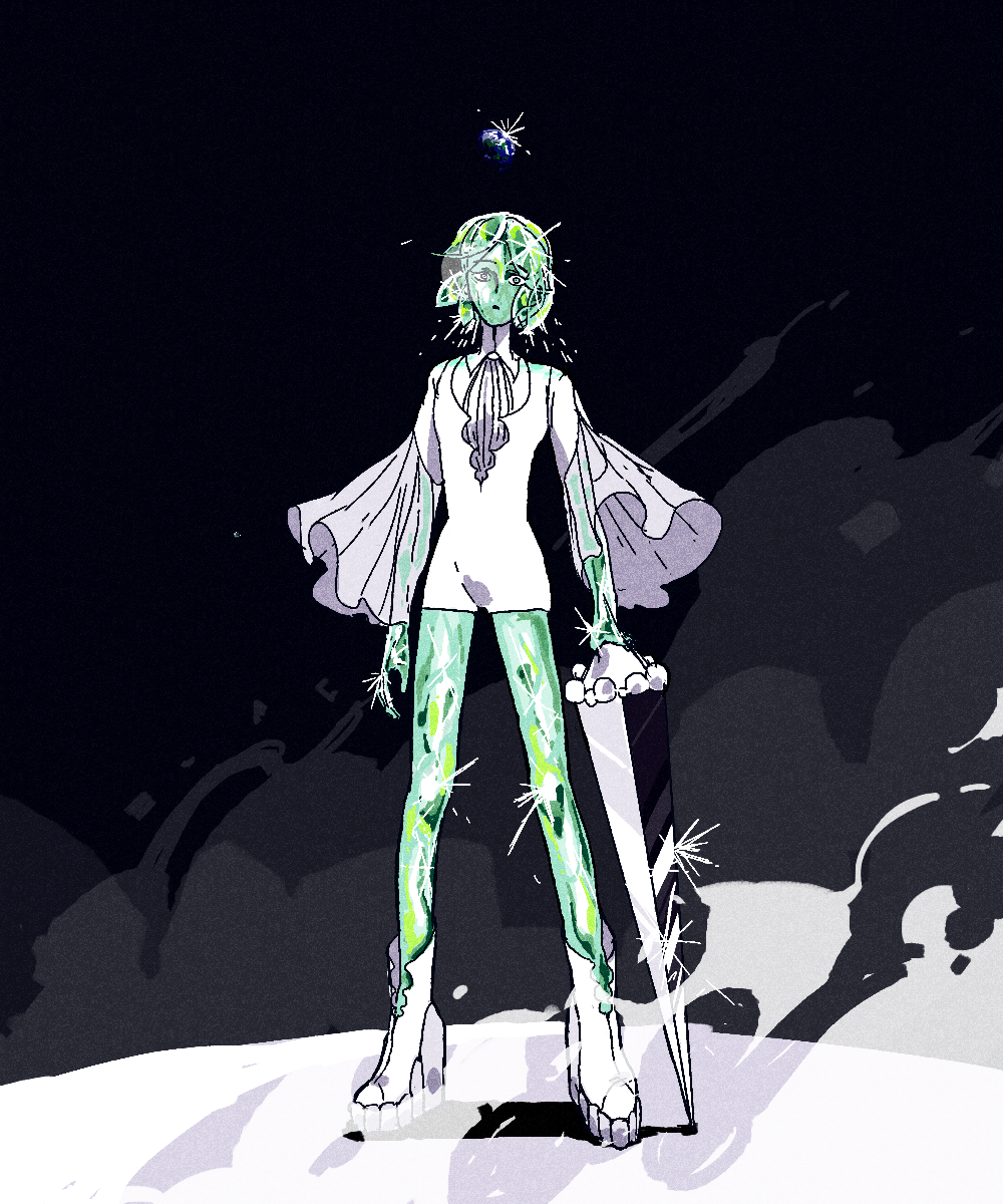 1other alternate_costume androgynous crystal_hair earth full_body gem glowing glowing_eye green_eyes green_hair heterochromia highres houseki_no_kuni looking_at_viewer necktie phosphophyllite platform_footwear see-through_sleeves short_hair solo spoilers sword weapon white_eyes wide-eyed