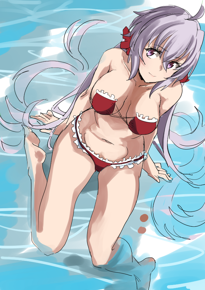 1girl ahoge barefoot bikini breasts cleavage frilled_bikini frills from_above hair_ornament hair_scrunchie large_breasts long_hair looking_at_viewer low_twintails lyrical_denko navel partially_submerged purple_hair red_bikini scrunchie senki_zesshou_symphogear solo swimsuit twintails very_long_hair water yukine_chris