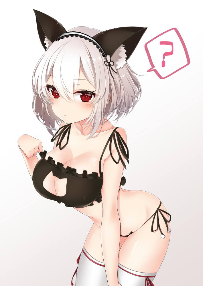 1girl ? animal_ear_fluff animal_ears azur_lane bangs bare_arms bare_shoulders black_bra black_panties bra breasts brown_background cat_cutout cat_ear_panties cat_ears cat_lingerie cleavage_cutout collarbone commentary_request eyebrows_visible_through_hair fake_animal_ears frilled_bra frills gradient gradient_background grey_hair hair_between_eyes hairband hand_up lace-trimmed_hairband lace_trim large_breasts leaning_forward meme_attire panties red_eyes shiruko27anko short_hair side-tie_panties sirius_(azur_lane) solo spoken_question_mark thigh-highs underwear underwear_only white_background white_hairband white_legwear