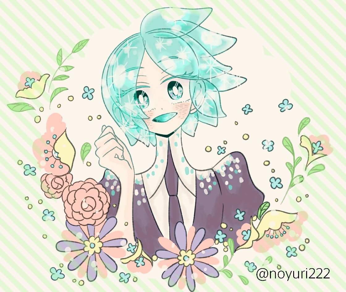 1other androgynous aqua_eyes aqua_hair colored_eyelashes crystal_hair eyebrows_visible_through_hair eyes_visible_through_hair flower gem_uniform_(houseki_no_kuni) happy houseki_no_kuni looking_at_viewer necktie noyuri_(noyuri222) open_mouth phosphophyllite short_hair smile solo twitter_username upper_body