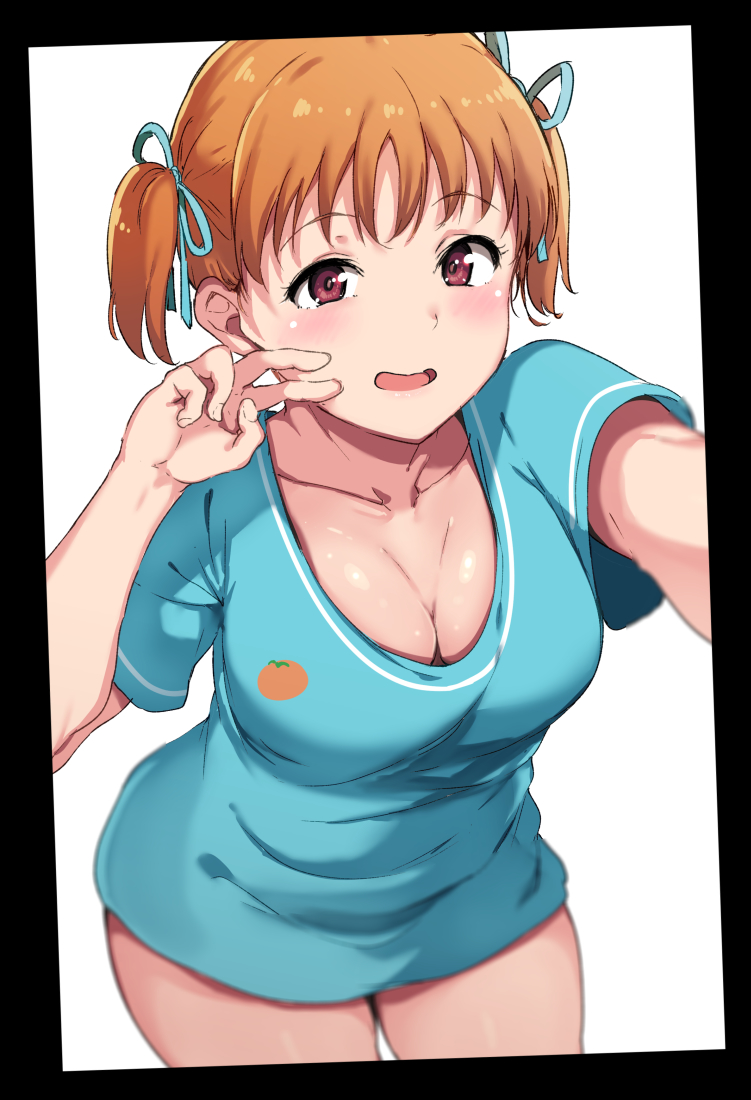 1girl alp alternate_hairstyle bangs black_border blue_ribbon blue_shirt blush border breasts cleavage collarbone hair_ribbon large_breasts leaning_forward looking_at_viewer love_live! love_live!_sunshine!! no_pants orange_print print_shirt red_eyes ribbon self_shot shirt short_sleeves solo t-shirt takami_chika twintails v white_background