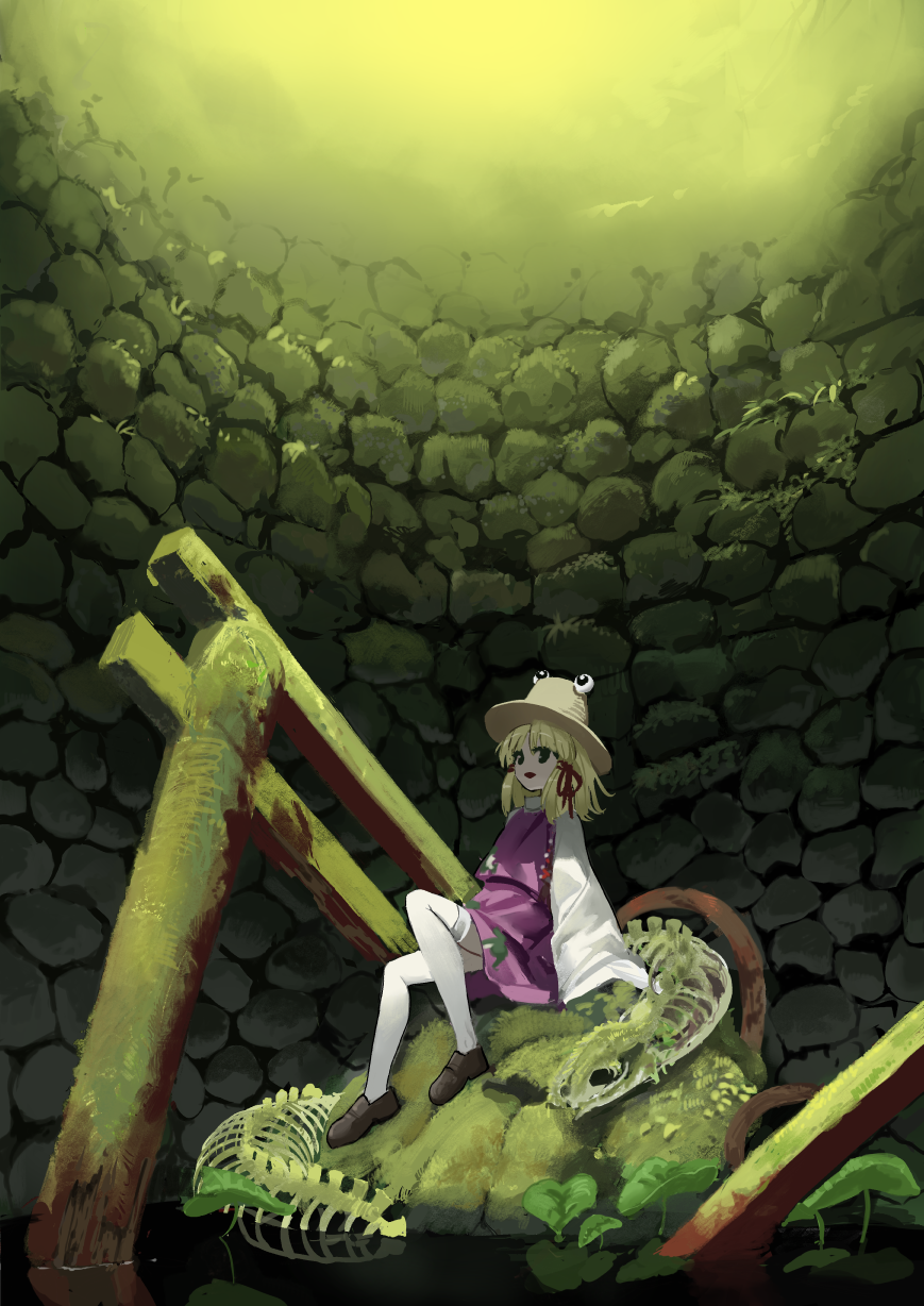 1girl blonde_hair brown_footwear closed_mouth eyeball hat highres long_hair looking_at_viewer moriya_suwako rock shoes suna_(s73d) touhou white_legwear