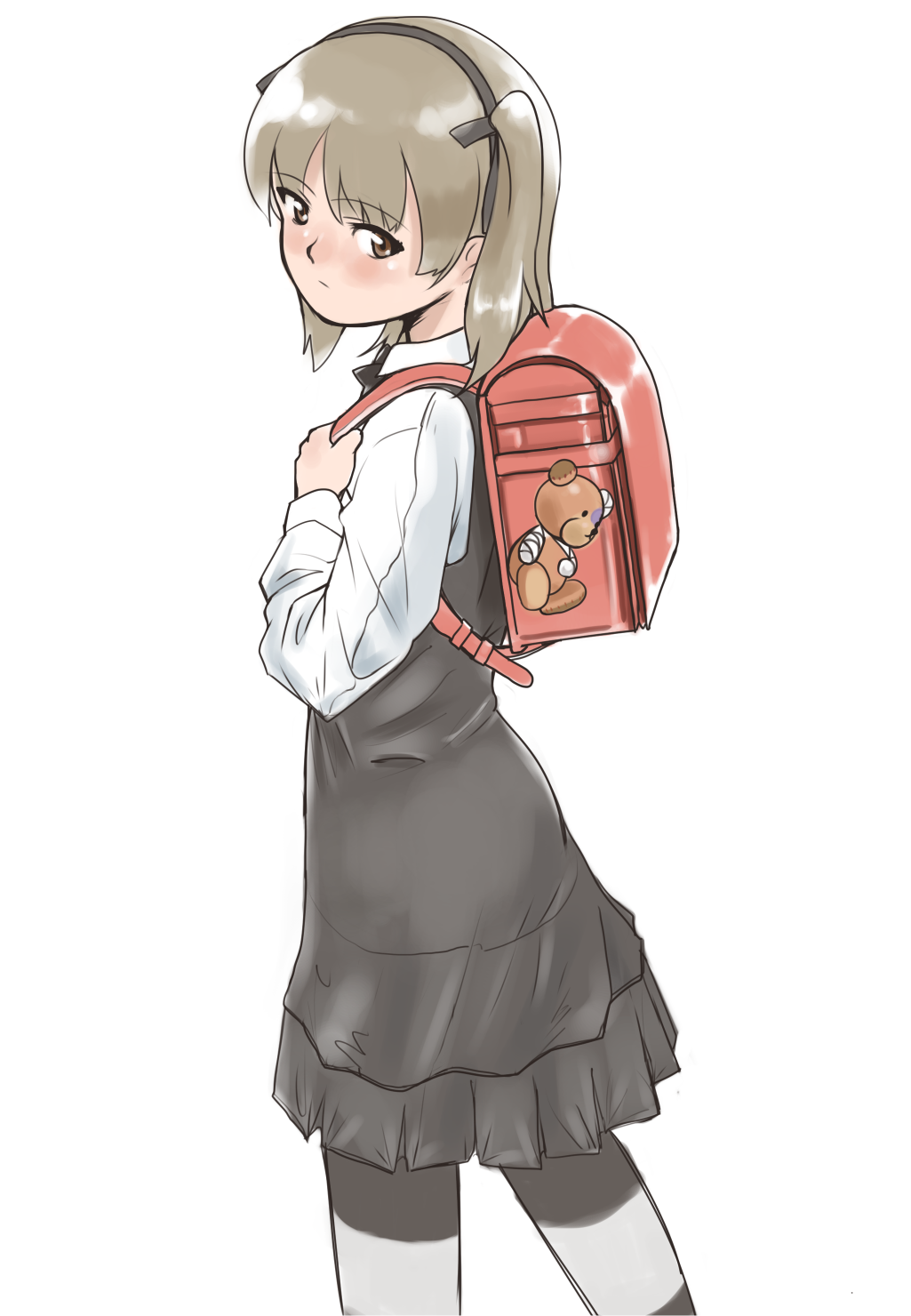 1girl backpack bag bandage bangs black_legwear black_neckwear black_ribbon black_skirt blush boko_(girls_und_panzer) bow bowtie brown_eyes casual closed_mouth collared_shirt commentary_request cowboy_shot from_side frown girls_und_panzer hair_ribbon high-waist_skirt highres light_brown_hair long_hair long_sleeves looking_at_viewer medium_skirt pantyhose randoseru ribbon shimada_arisu shirt side_ponytail skirt solo standing striped striped_legwear stuffed_animal stuffed_toy suspender_skirt suspenders teddy_bear tomo_(f2000) white_shirt