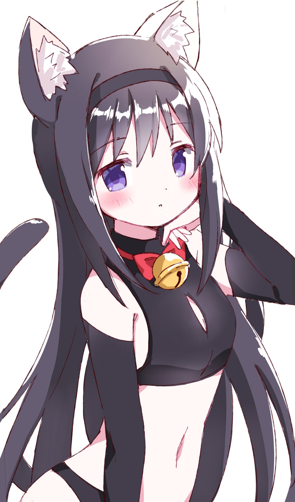 1girl akemi_homura animal_ears bell bell_collar black_gloves black_hair black_panties collar eyebrows_visible_through_hair gloves hairband highres long_hair looking_at_viewer mahou_shoujo_madoka_magica midriff navel panties tail tsubaki_(tatajd) underwear violet_eyes