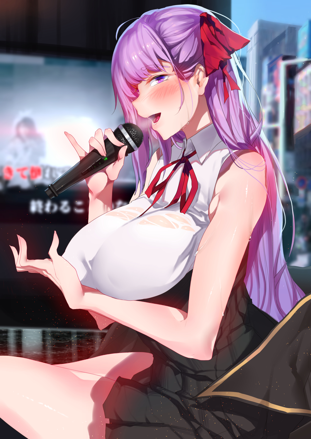 1girl bangs bare_shoulders bb_(fate)_(all) bb_(fate/extra_ccc) blush breasts eyebrows_visible_through_hair fate/grand_order fate_(series) hair_ribbon heavy_breathing high-waist_skirt highres holding holding_microphone large_breasts long_hair looking_at_viewer looking_to_the_side microphone open_mouth purple_hair red_ribbon ribbon see-through shiny shiny_skin sitting skirt sleeveless smile solo very_long_hair violet_eyes wet wet_clothes yueqin_(monnpiano)