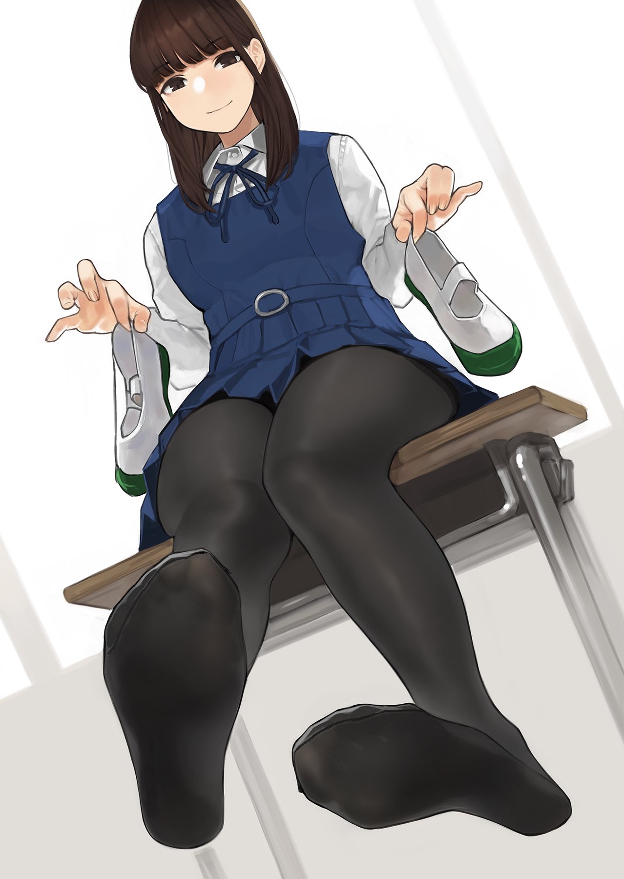 1girl bangs blue_skirt blunt_bangs breasts brown_eyes brown_hair closed_mouth desk dress dress_shirt feet highres holding holding_shoes legs long_hair looking_at_viewer neck_ribbon original pantyhose pinafore_dress pleated_skirt ribbon school_uniform shirt shoes shoes_removed simple_background sitting skirt smile soles solo thighs uwabaki window yomu_(sgt_epper)