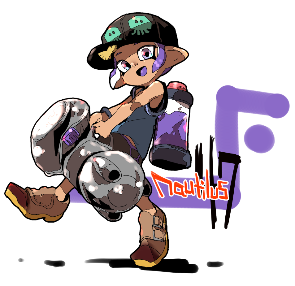 1girl :d bare_arms bare_shoulders baseball_cap black_hat blue_shirt brown_footwear dark_skin full_body hat holding ink_tank_(splatoon) jamir leg_up looking_at_viewer nautilus_(splatoon) octarian octoling open_mouth paint purple_hair purple_tongue shirt shoes short_hair smile solo splatoon splatoon_(series) splatoon_2 tank_top tentacle_hair violet_eyes white_background