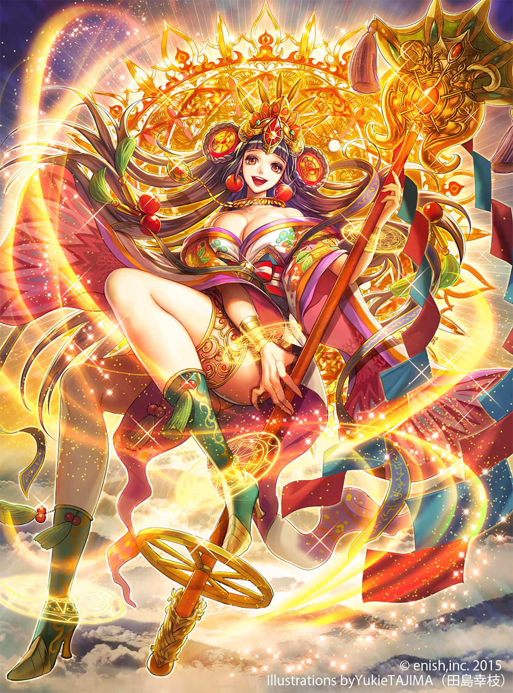 1girl :d artist_name bad_anatomy bahamut_crisis boots bracelet breasts brown_eyes brown_hair cleavage company_name dated earrings gold_trim green_footwear headpiece highres holding holding_staff jewelry large_breasts long_hair looking_at_viewer magic_circle medallion official_art open_mouth red_earrings sitting smile staff tajima_yukie thighlet wide_sleeves