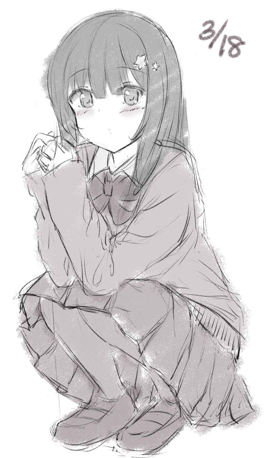 1girl 7_calpis_7 bangs blush bow closed_mouth collared_shirt commentary_request dated eyebrows_visible_through_hair full_body greyscale hair_between_eyes hair_ornament highres loafers long_hair long_sleeves looking_at_viewer monochrome original pantyhose pleated_skirt school_uniform shirt shoes simple_background sketch skirt sleeves_past_wrists solo squatting star star_hair_ornament sweater white_background