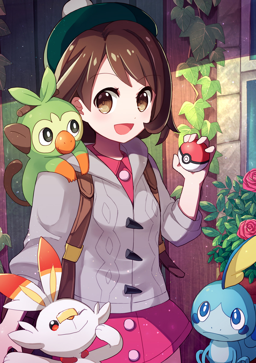 1girl :d :o ;) backpack bag bangs blue_eyes blush bob_cut brown_bag brown_eyes brown_hair cardigan closed_mouth coconat_summer commentary_request cowboy_shot creatures_(company) doors dress eyebrows eyebrows_visible_through_hair female_protagonist_(pokemon_swsh) flower game_freak gen_8_pokemon green_hat grey_cardigan grookey hair_ornament hat highres holding holding_poke_ball long_sleeves looking_at_viewer nintendo one_eye_closed open_mouth outdoors pink_dress plant poke_ball poke_ball_(generic) pokemon pokemon_(creature) pokemon_(game) pokemon_swsh scorbunny short_hair smile sobble tam_o'_shanter vines window