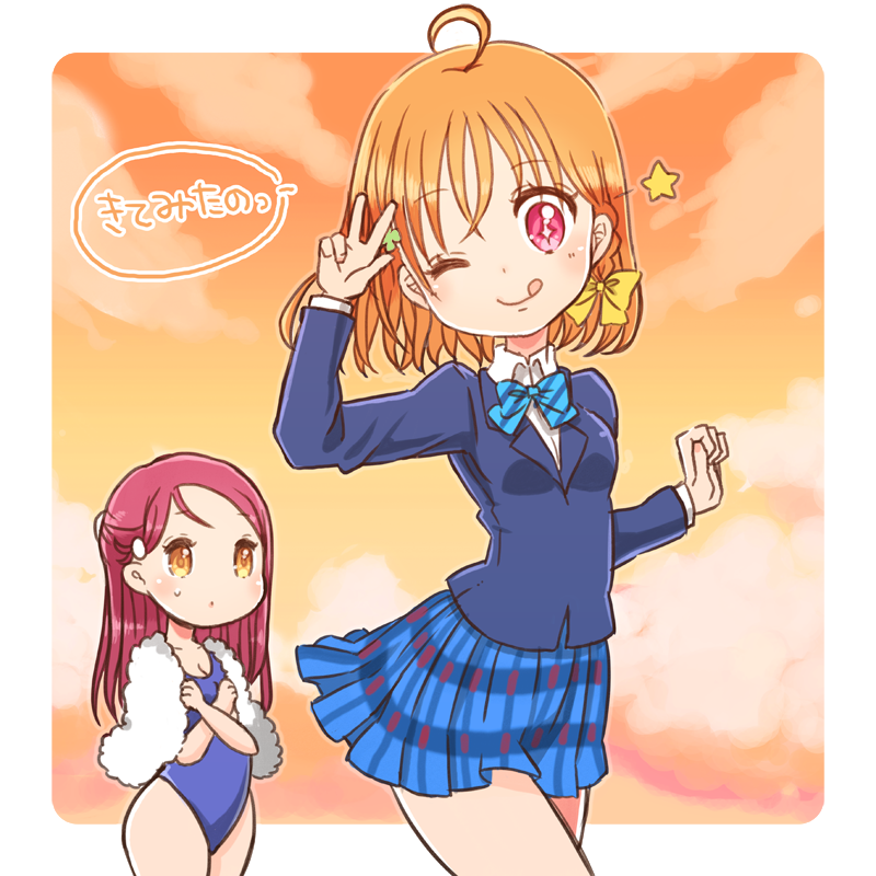 2girls ;q ahoge bangs blazer blue_jacket blue_neckwear blue_skirt blue_swimsuit bow bowtie braid clenched_hand clover_hair_ornament commentary_request crossed_arms hair_bow hair_ornament hairclip half_updo jacket long_hair long_sleeves looking_at_another love_live! love_live!_school_idol_project love_live!_sunshine!! morimaiko multiple_girls one-piece_swimsuit one_eye_closed otonokizaka_school_uniform pleated_skirt red_eyes redhead sakurauchi_riko school_uniform short_hair side_braid skirt star striped striped_neckwear sunset sweatdrop swimsuit takami_chika tongue tongue_out towel towel_around_neck translation_request w yellow_bow yellow_eyes