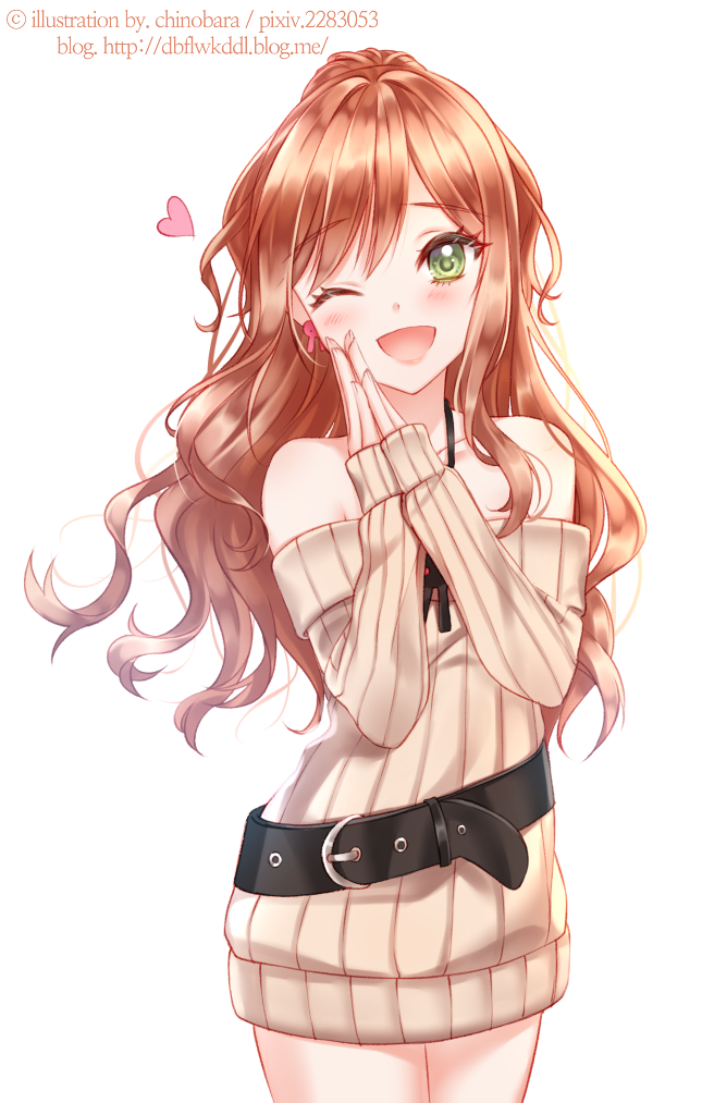 1girl ;d bang_dream! bangs beige_sweater belt blush brown_hair bunny_earrings chinobara commentary_request dress green_eyes half_updo heart imai_lisa jewelry long_hair long_sleeves looking_at_viewer one_eye_closed open_mouth own_hands_together pendant ribbed_sweater simple_background smile solo sweater sweater_dress watermark web_address white_background