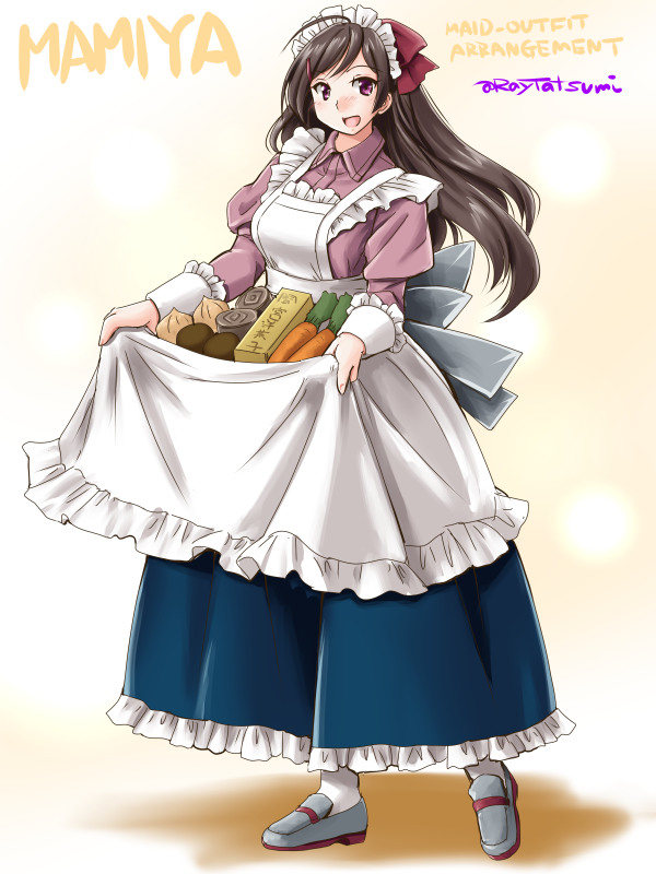 1girl adapted_costume ahoge alternate_costume apron apron_hold artist_name blue_skirt bow box brown_hair carrot character_name commentary_request enmaided frilled_apron frilled_skirt frills full_body hair_bow hair_ornament hairclip kantai_collection long_hair long_skirt long_sleeves maid maid_headdress mamiya_(kantai_collection) open_mouth pink_shirt ponytail potato puffy_sleeves red_bow red_eyes shirt skirt smile solo standing tatsumi_ray white_apron