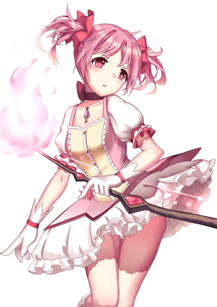 1girl bow bow_(weapon) choker collarbone eyebrows_visible_through_hair frilled_skirt frills gloves hair_bow head_tilt hiroshiko_(restart) holding holding_bow_(weapon) holding_weapon kaname_madoka mahou_shoujo_madoka_magica miniskirt parted_lips pink_hair red_bow red_eyes shiny shiny_hair short_hair short_sleeves skirt solo twintails weapon white_background white_gloves white_skirt