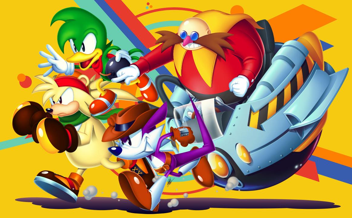 4boys bald bark_the_polar_bear bean_the_dynamite bear bird bomb brown_hat dr._eggman facial_hair fang fang_(sonic) glasses gloves hat male_focus multiple_boys mustache official_style opaque_glasses patterned_background round_eyewear running scarf sonic_mania sonic_the_hedgehog spats_(footwear) tyler_mcgrath yellow_background