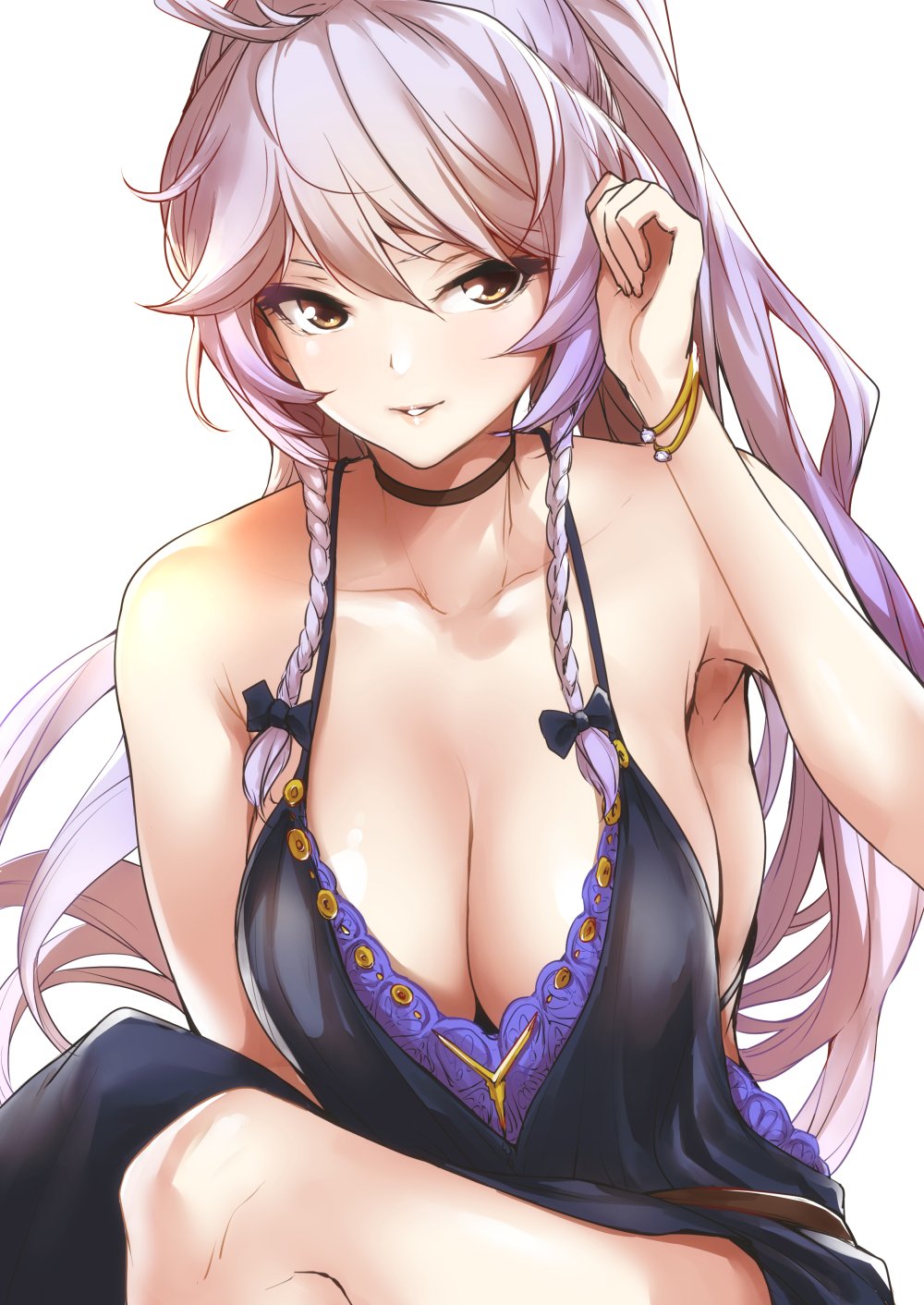 1girl bare_shoulders black_dress bracelet braid breasts choker cleavage collarbone dress granblue_fantasy hair_tucking highres jewelry large_breasts lavender_hair lips long_hair nukkoru parted_lips ponytail silva_(granblue_fantasy) simple_background sitting smile solo twin_braids very_long_hair white_background yellow_eyes