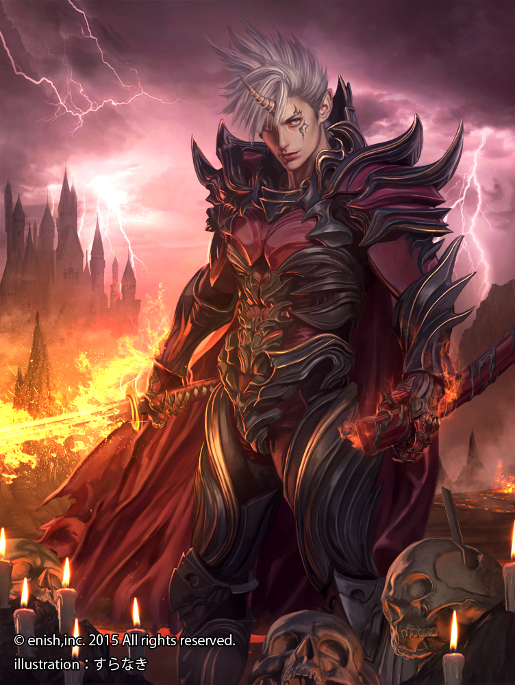 1boy armor bahamut_crisis candle cape castle company_name dated facial_tattoo flaming_sword gauntlets holding holding_sword holding_weapon horn katana lightning looking_at_viewer male_focus official_art outdoors pile_of_skulls pink_sky red_cape sheath silver_hair skull solo sura sword tattoo watermark weapon