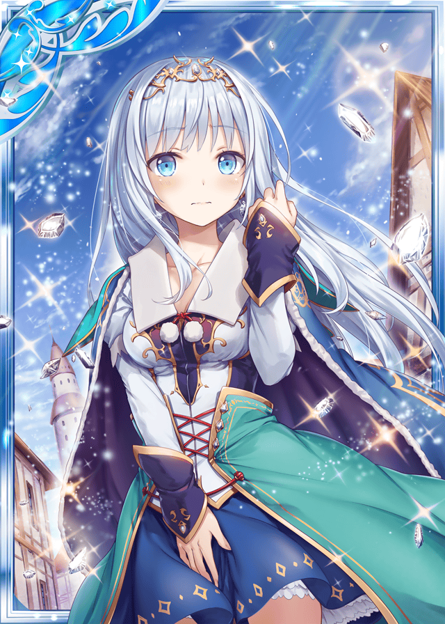 1girl akkijin blue_dress blue_eyes blue_sky breasts card_(medium) castle clouds diamond_(gemstone) dress long_hair medium_breasts official_art outdoors shinkai_no_valkyrie shy silver_hair sky snowing tiara town